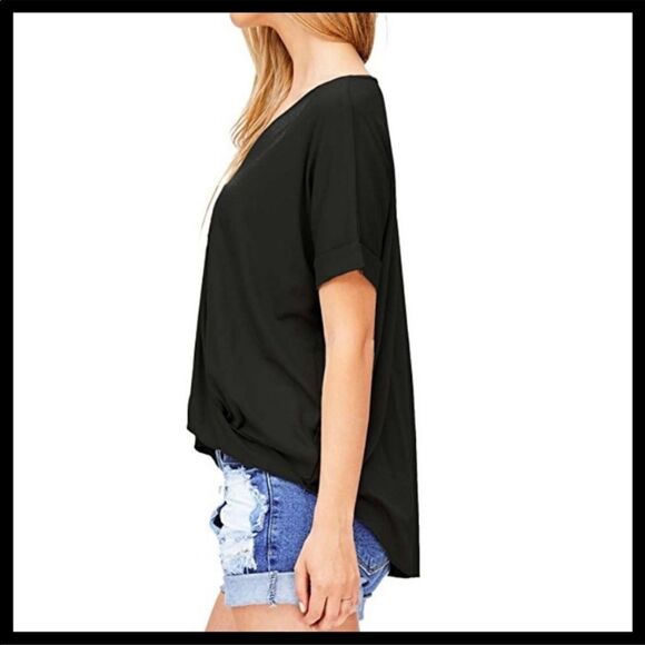 Black Wrap Surplice V Neck Asymmetrical Top Small S - Picture 2 of 3